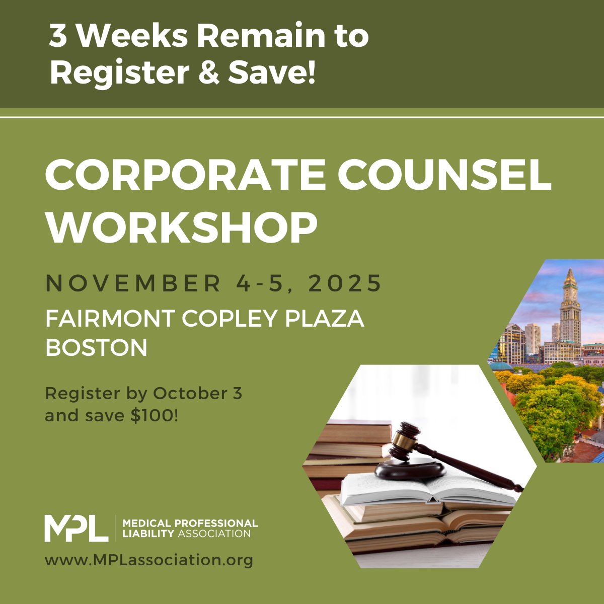 The Corporate Counsel Workshop early bird registration ends in three weeks! This program is designed exclusively for MPL professionals who want to stay on top of the latest legal issues impacting medical professional liability insurers: bit.ly/3K0QrAJ