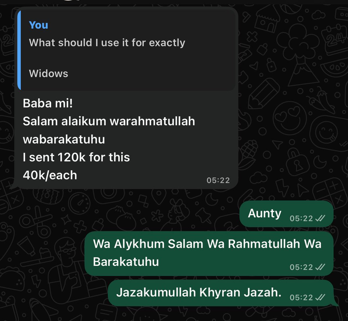 A servant of Allah sent 120k

40k for widows 
40k for orphans 
40k for mosque (sorted already). 

Pls if you know widows or orphans that this can benefit, kindly do let me know.