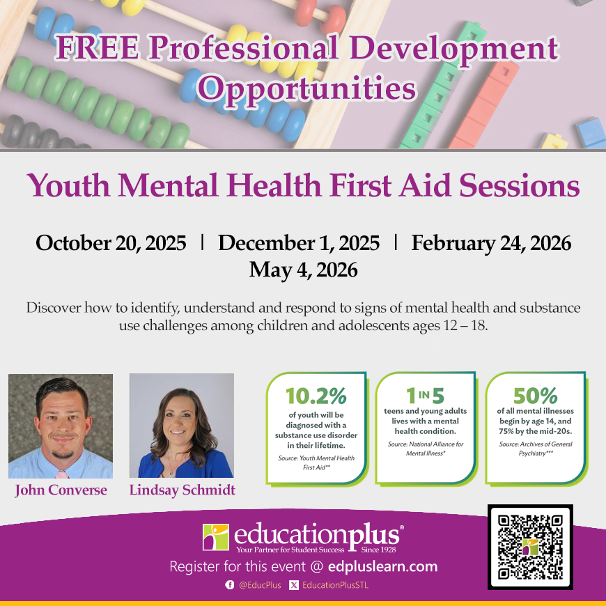 EducationPlus (@educplus) on Twitter photo Join us Monday, October 20 for a FREE Youth Mental Health First Aid workshop—perfect for teachers, school staff, coaches, counselors, parents & more!
Learn more: go.edplus.org/MHFA_Oct20
#EdPlus #MentalHealth #K12 Join us Monday, October 20 for a FREE Youth Mental Health First Aid workshop—perfect for teachers, school staff, coaches, counselors, parents & more!
Learn more: go.edplus.org/MHFA_Oct20
#EdPlus #MentalHealth #K12
