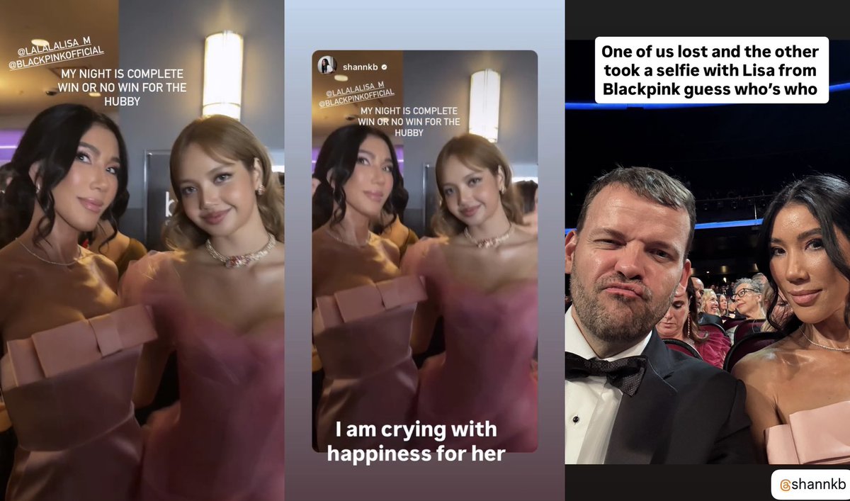 emmy-winning writer josh patten &amp; wife shannon bradberry shared an update about lisa on Instagram:

“MY NIGHT IS COMPLETE WIN OR NO WIN FOR THE HUBBY”

“I am crying with happiness for her”

“one of us lost and the other took a selfie with lisa from blackpink guess who's who”