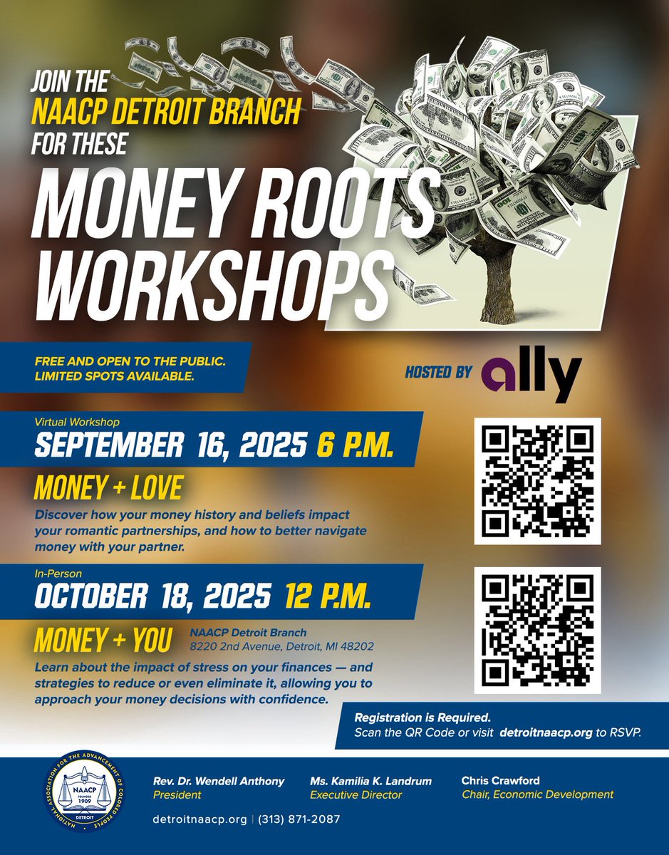 💜✨ Join us Sept 16 at 6 p.m. (virtual) for Money + Love—a safe space to explore how money + relationships connect. 

Bring your partner, spouse, or friend! 💕

Scan the QR code or visit detroitnaacp.org to sign up.

#Ally
#MoneyRoots
#MoneyLove