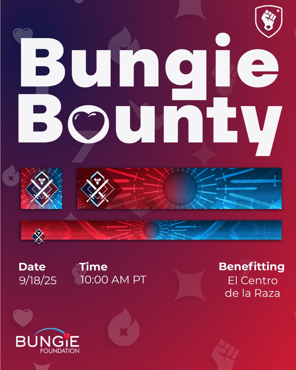 It's time to face off once again, Guardians! The Bungie Bounty for Good returns 9/18 at 10 AM PT.
📺: twitch.tv/bungiefoundati…
<a href="/DeusTwitchCL/">D E U S</a> will be joining our squad to celebrate Hispanic Heritage Month and fundraise for our partners <a href="/elcentro72/">El Centro de la Raza</a>. We'll see ya in the Crucible!
