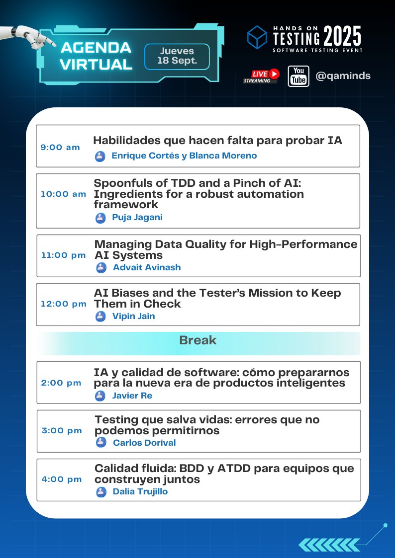 handsontesting's tweet image. 💥 Del 17 al 19 de septiembre, nuestra agenda de #HandsOnTesting está llena de charlas con expertos para potenciar tus habilidades en #SoftwareTesting y QA.

🔴 No te pierdas la transmisión por el canal de @QA_MINDS → youtube.com/c/QAMINDS

¡Te esperamos en la 8va edición!