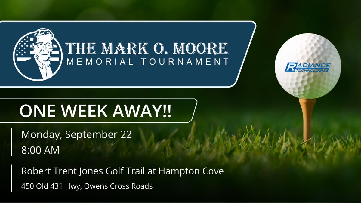 radiancetechinc's tweet image. We’re just one week out from the 2025 Mark O. Moore Memorial Golf Tournament! Join us on Monday, September 22 at the Robert Trent Jones Golf Trail at Hampton Cove for a day on the course in support of @aerhq.

Click the link below to register or sponsor. f.mtr.cool/jaoyqkcbgk