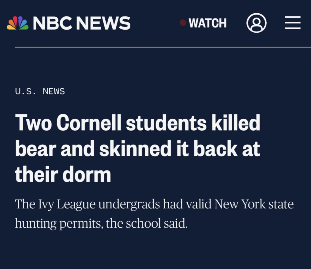 litnewsnet's tweet image. A pair of Cornell University students killed a 120-pound black bear before bringing the carcass back to their dorm, where they skinned and butchered the remains