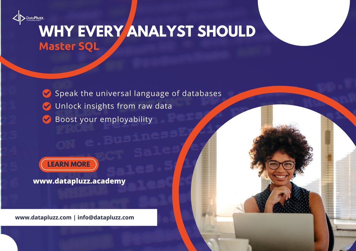 DataPluzzLLC's tweet photo. 💡 #SQL isn’t just another programming language — it’s the most in-demand data skill.
 
👉 Opens doors to roles in data analysis, engineering &amp; BI with #DataPluzz #Academy.
 
Register your interest : https://t.co/KHyGvs4vbP
 
 #DataAnalytics #CareerGrowth #LearnSQL #DataSkills https://t.co/dRKfgSe3aC