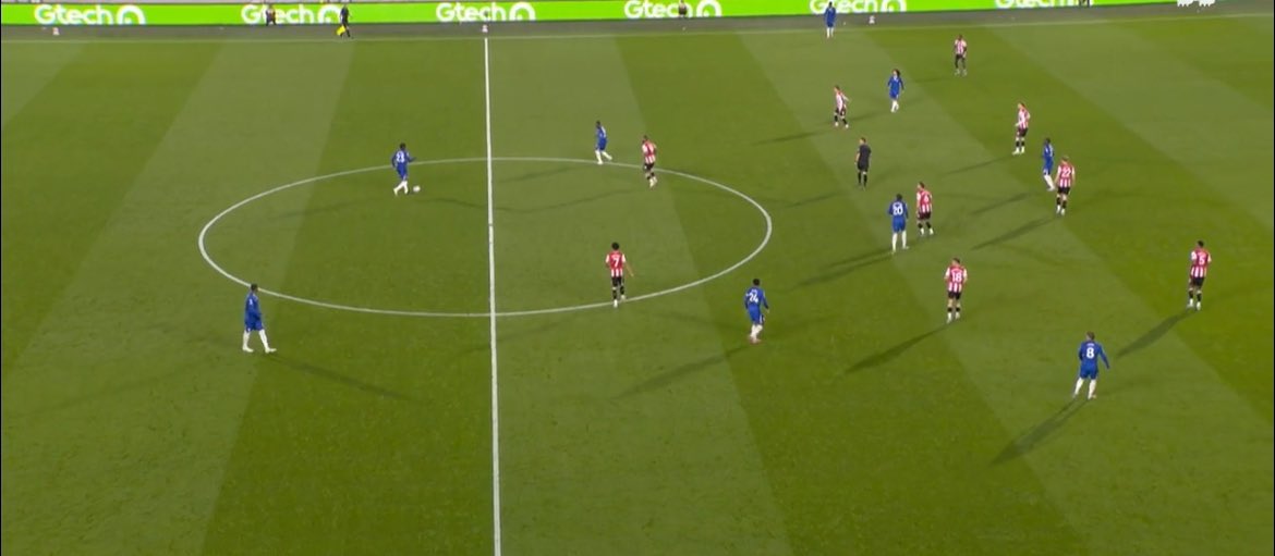 But Maresca probably didn’t change the system earlier because Fofana wouldn’t be comfortable in those midfield positions, so he waits until half time for James to come on

Then he moves to a 2-2-5-1, gives us a 2v1 at the back, 5v4 in midfield, &amp; keeps the 6v5 on the last line