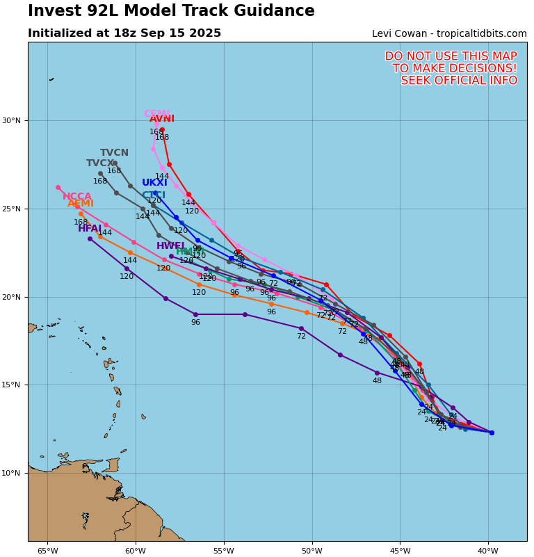 tropicalupdate's tweet photo. Invest 92 up to 90% chance. First batch of spaghetti models are out here from https://t.co/3cvwpvWgRA. General trends show NW this next week. Then an eventual N/NE showing on many... away from the US. https://t.co/Hk3pbO84Yf https://t.co/0oOOr6ZBks