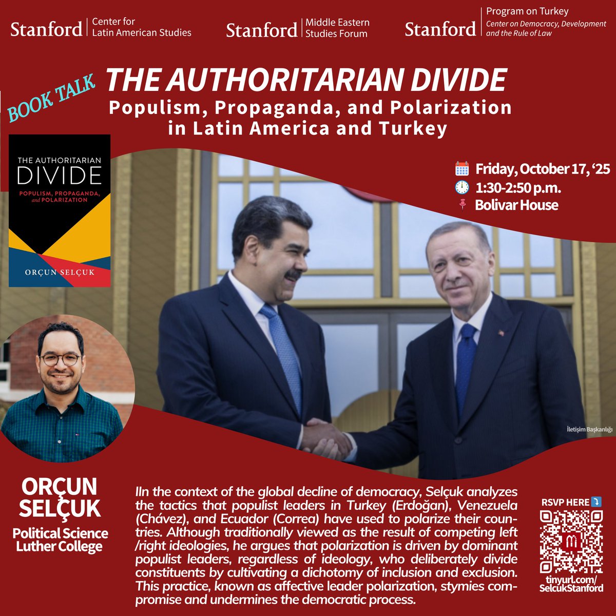 📢📚 𝙏𝙝𝙚 𝘼𝙪𝙩𝙝𝙤𝙧𝙞𝙩𝙖𝙧𝙞𝙖𝙣 𝘿𝙞𝙫𝙞𝙙𝙚: 𝙋𝙤𝙥𝙪𝙡𝙞𝙨𝙢, 𝙋𝙧𝙤𝙥𝙖𝙜𝙖𝙣𝙙𝙖, 𝙖𝙣𝙙 𝙋𝙤𝙡𝙖𝙧𝙞𝙯𝙖𝙩𝙞𝙤𝙣 𝙞𝙣 𝙇𝙖𝙩𝙞𝙣 𝘼𝙢𝙚𝙧𝙞𝙘𝙖 &amp; 𝙏𝙪𝙧𝙠𝙚𝙮 𝙬𝙞𝙩𝙝 𝙊𝙧𝙘𝙪𝙣 𝙎𝙚𝙡𝙘𝙪𝙠 (<a href="/orcunselcuk/">Orçun Selçuk</a>)

🗓️  Fri, Oct. 17, 2025
⏰  1:30 - 2:50 PM
🏫  Bolivar House