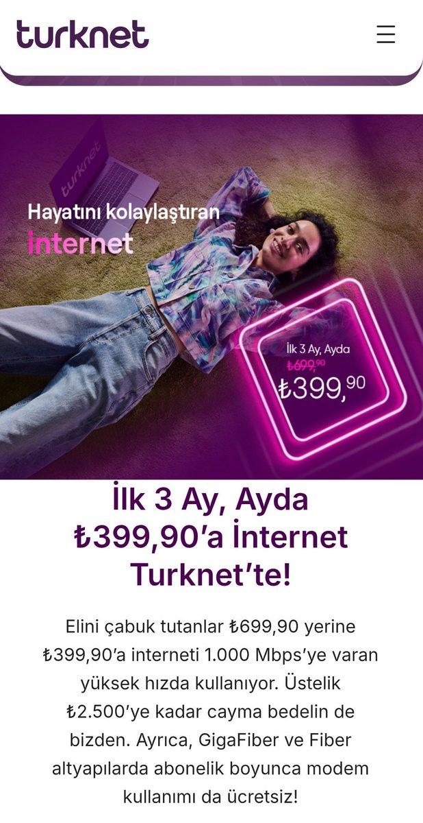Faydaniza's tweet photo. #Türknet İlk 3 ay boyunca aylık sadece 399 TL (fiber + modem dahil)

ISU85LR65YMV davet koduyla kayıt olursanız +1 ay ücretsiz kullanım hakkı daha kazanırsınız.

#işbirliği #reklam değildir https://t.co/zs9NqA8Aue