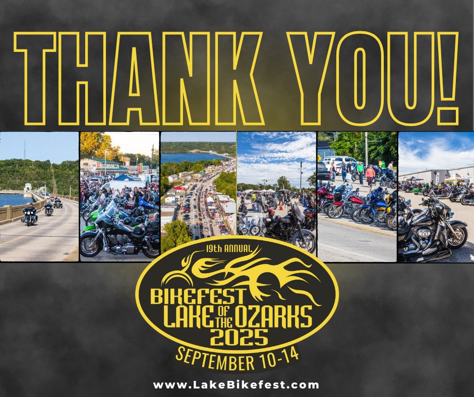 🏍️ Thank You, Riders! 🌟
Because of YOU, Lake of the Ozarks Bikefest 2025 was our best year yet! From epic rides to unforgettable memories, your energy made it all possible. Can’t wait to do it all again next year!
#LakeBikefest2025 #BestYearYet #RideTheOzarks #BikerLife