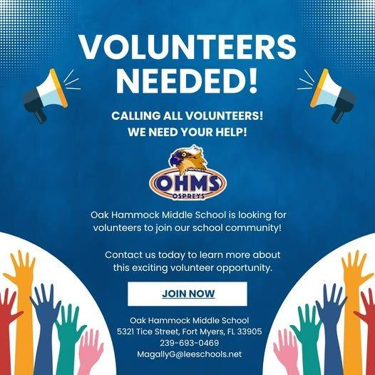 Calling all Volunteers! OHMS is looking for volunteers to join our school community. Click the link below for more information.
ohm.leeschools.net/our_community/…