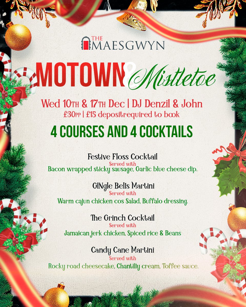 🎵 MOTOWN &amp; MISTLETOE 🎄 

Wed 10th &amp; 17th Dec | DJ Denzil &amp; John | £30pp 🎤 

🍸 4 themed cocktails &amp; 4 course feast 🍽️ 
✨ Christmas classics meet soul classics! ✨

£15 deposit required to book 💫 

BOOK NOW