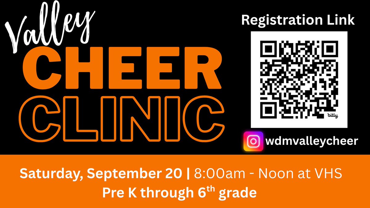 WDMvalleycheer's tweet photo. Don’t forget to get your elementary school student registered for our 2025 Valley Cheer Clinic! We can’t wait for Saturday! https://t.co/pILOrJs657