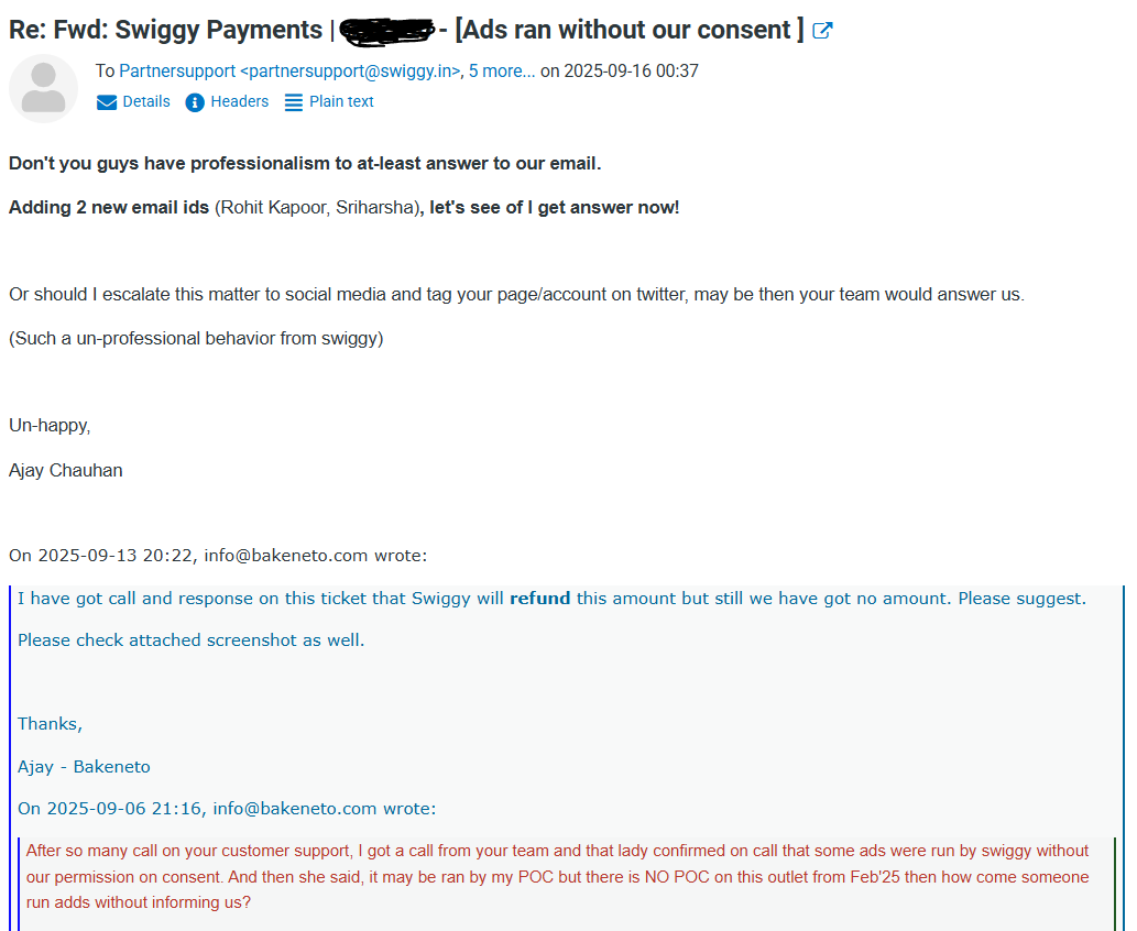 bakeneto's tweet photo. See this .. for your reference, in case @Swiggy your are interested in solving our issue here. Ask your team to reply on customer's emails at least. https://t.co/2UF3wSz55z