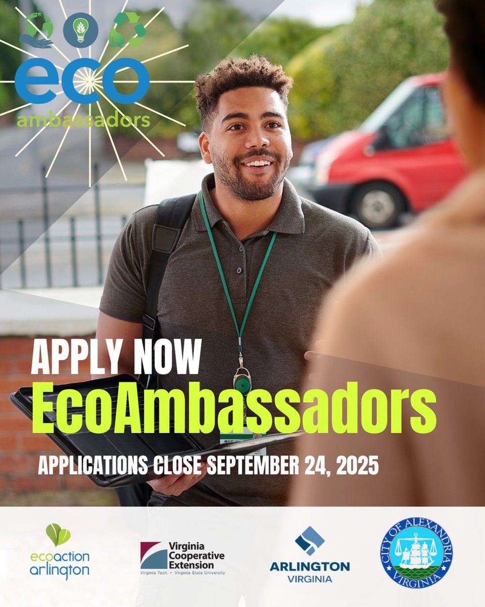 Join EcoAmbassadors in Fall 2025 to promote climate action! Open to everyone ages 16 and up. Apply by Sept 24, 2025 (free for students). 

📅 More info: ecoactionarlington.org/ecoambassadors #EcoAmbassadors #ClimateAction #VolunteerOpportunities #EcocityAlx #climateaction