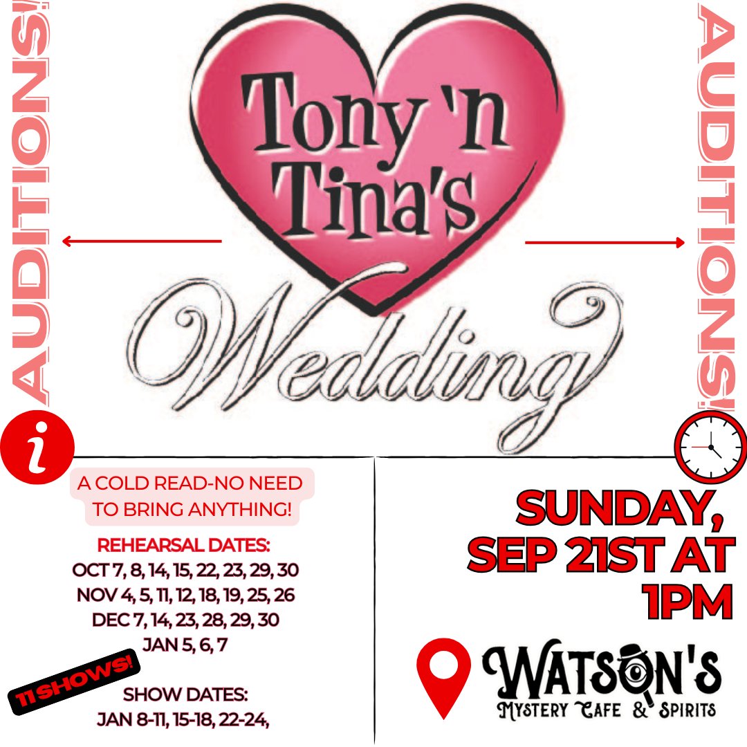 Ever wanted to be an actor? Ever wanted to be part of the Watson's Performer Family? Now’s your chance! — audition Sunday, September 21st at 1pm!
Must be 18+ to audition.

Email us at: events.watsons@gmail.com for more info.
Get to know us: watsonsboise.com

#audition