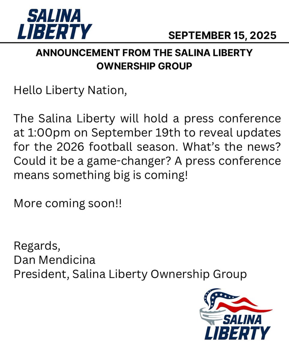 The #AF1’s Salina Liberty will hold a presser on Friday, Sept. 19, at 1:00 p.m. CDT to reveal updates for 2026. Current speculation involves the team moving to the #NAL for the 2026 season, as well as a possible front office change! #NALNews #NAL2026 #NALSalina #SalinaLiberty