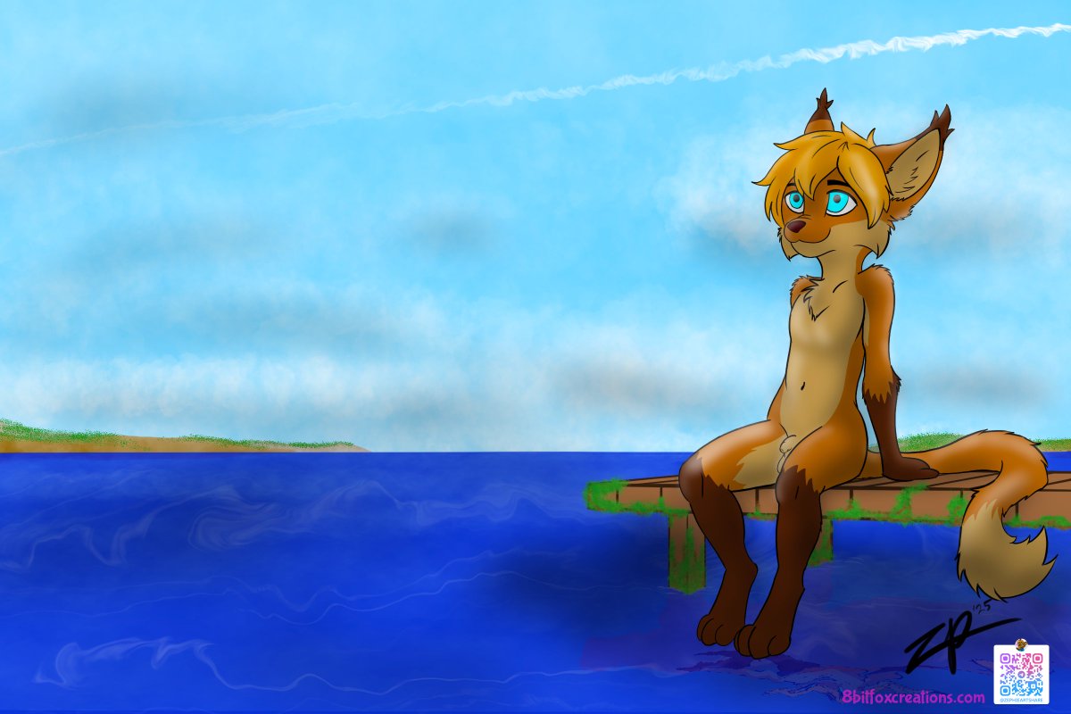 The waves gently lap beneath the dock as Zephyr sits at its edge, bathed in the morning light. His expression carries a wistful calm, the horizon wide open before him. It's a moment of reflection, solitude, and quiet vulnerability

Support and watch: 8bitfoxcreations.com
