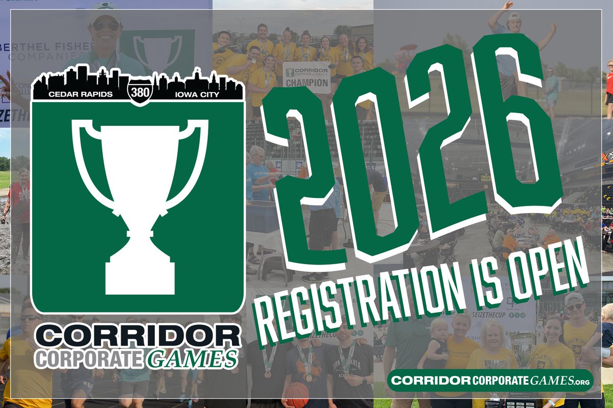 Registration is OPEN for the 2026 summer! We can't wait to see all of you across the Corridor showing off your company pride. 

Head over to corridorcorporategames.org to register!