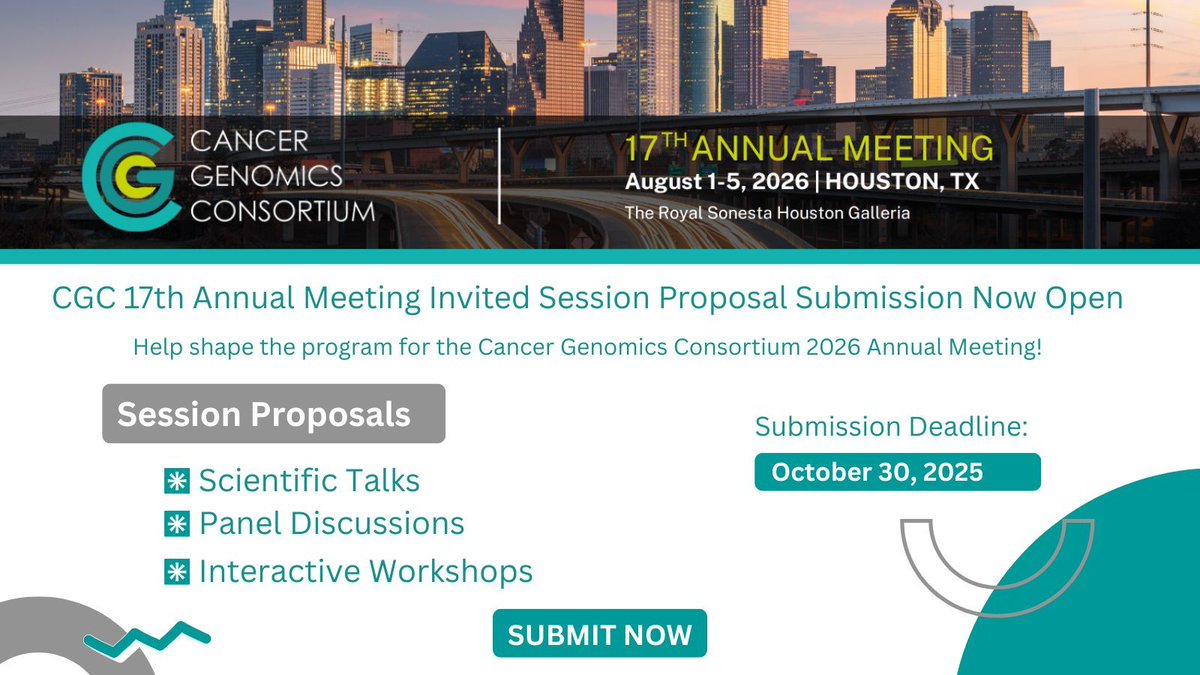 CG_Consortium's tweet image. Help shape the program for the Cancer Genomics Consortium 2026 Annual Meeting! The Cancer Genomics Consortium is soliciting proposals for invited sessions for the 17th Annual Meeting in Houston, TX. Click here to learn more: buff.ly/O0PM0zd

#CGCAnnual2026 #genomics