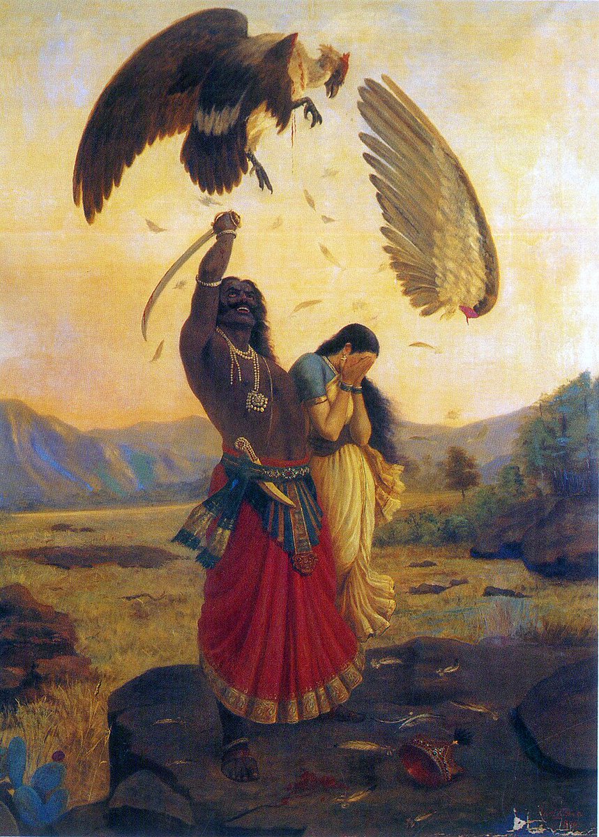 _altrevo's tweet photo. Jatayu Vadham" by Raja Ravi Varma powerfully captures the moment from the Ramayana when the vulture Jatayu tries to rescue Sita from Ravana, only to have his wing severed mid-fight, symbolizing heroic sacrifice and despair. Sita hides her face in agony, Ravana stands triumphant. https://t.co/HLpNFZ8nuu
