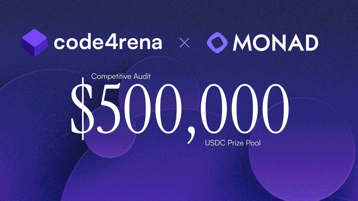 code4rena's tweet image. The audit competition with the LARGEST-EVER unconditional prize pool STARTS NOW!
Let’s welcome @Monad for their record-breaking $500,000 competitive audit!
This audit will run for 27 days with the biggest prizes going to the highest + rarest vulnerabilities found.
For…