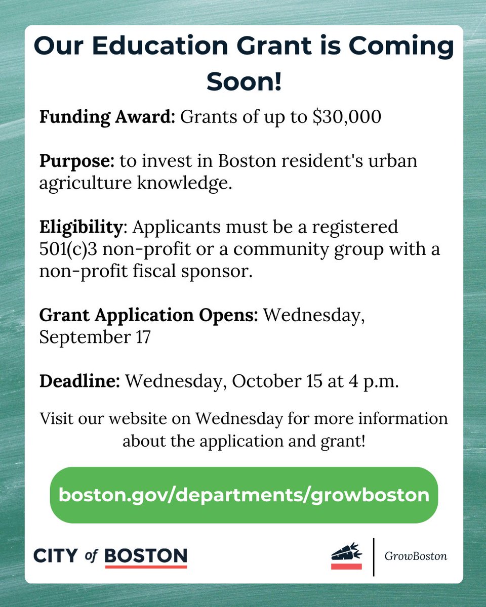 GrowBostonCOB's tweet photo. GrowBoston's Education Grant application will open on Wednesday, September 17. We are excited to be offering grants of up to $30,000 to invest in Boston resident's urban agriculture knowledge!

Visit our webpage at https://t.co/h2cwJLQfA3 on Wednesday to learn more! https://t.co/VrIwvCsmj5