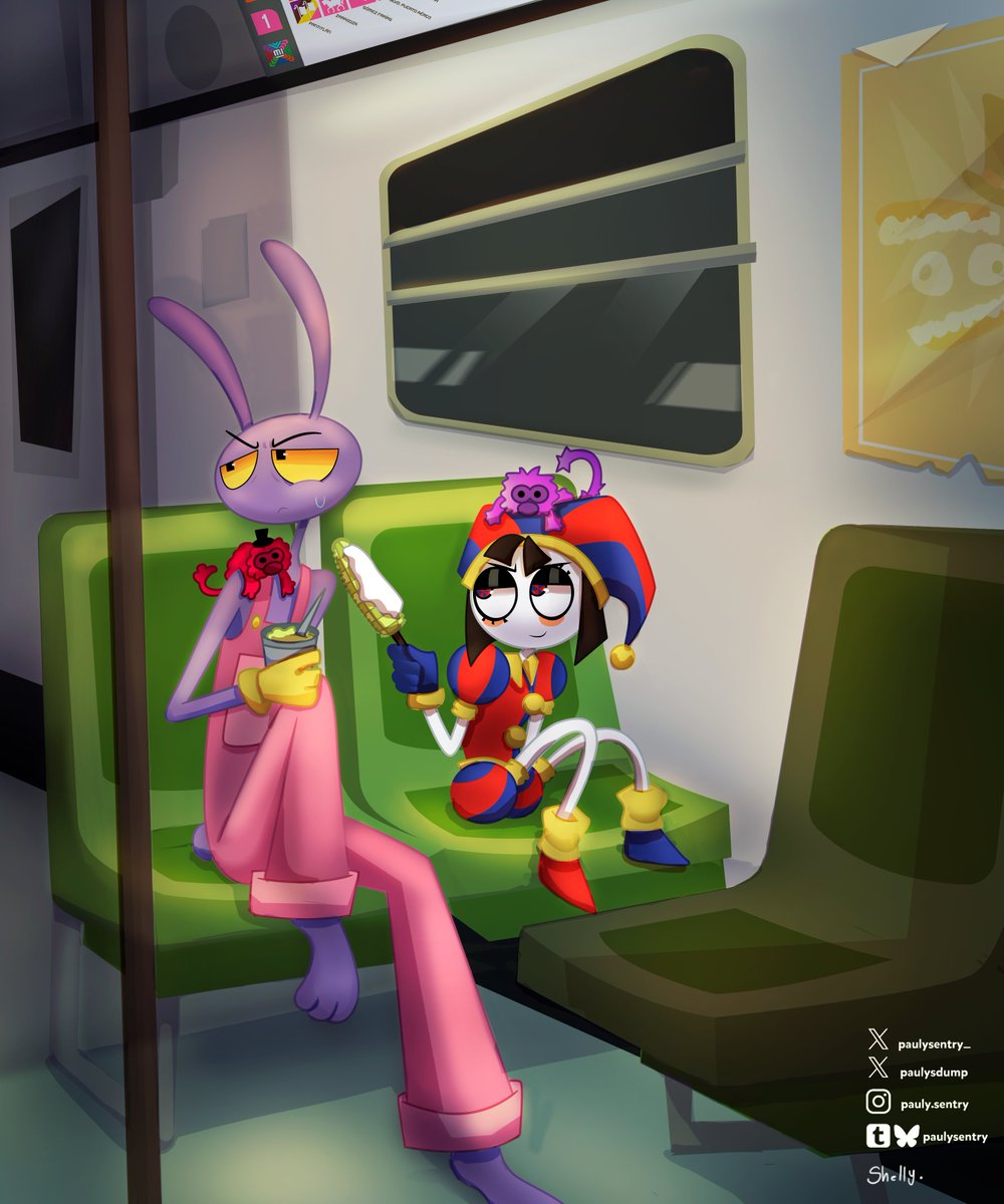 paulysdump's tweet image. Jax and Pomni in the subway from Mexico City!
A collab drawing brought to you by @Shellygaticah and I
-
Sketch and final details made by Shelly 
Coloring and backgound made by me 
-
#JaxxPomni #funnybunny #TADC
