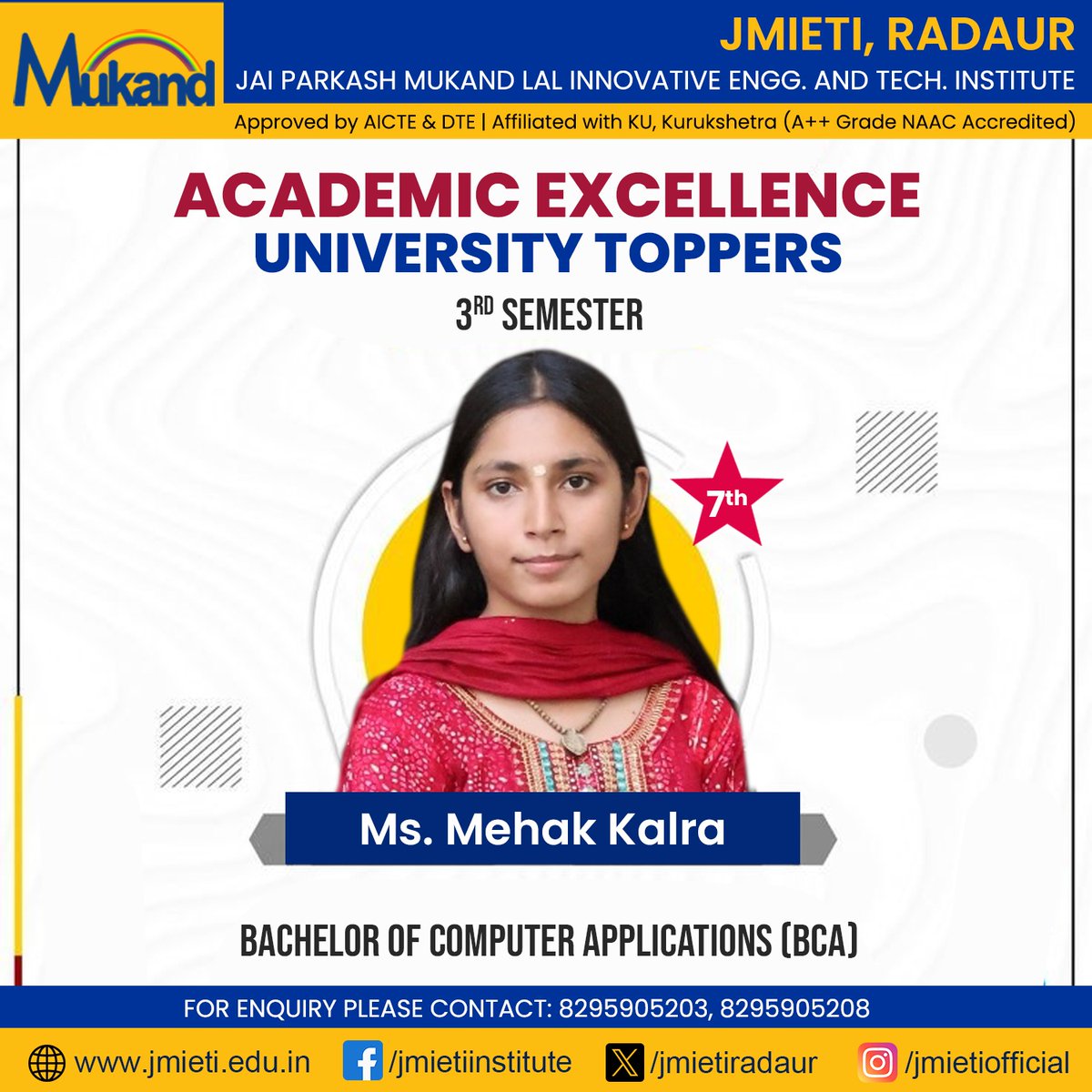 jmietiradaur's tweet image. Proud Moment: JMIETI Radaur BCA Student Shines with Academic Excellence as 3rd Semester University Topper

#bachelorofcomputerapplications #universitytoppers #academicexcellence #studentachievement #studentlife #achievementgoals #jmietipride #jmieti #jmietistudents #jmietiradaur