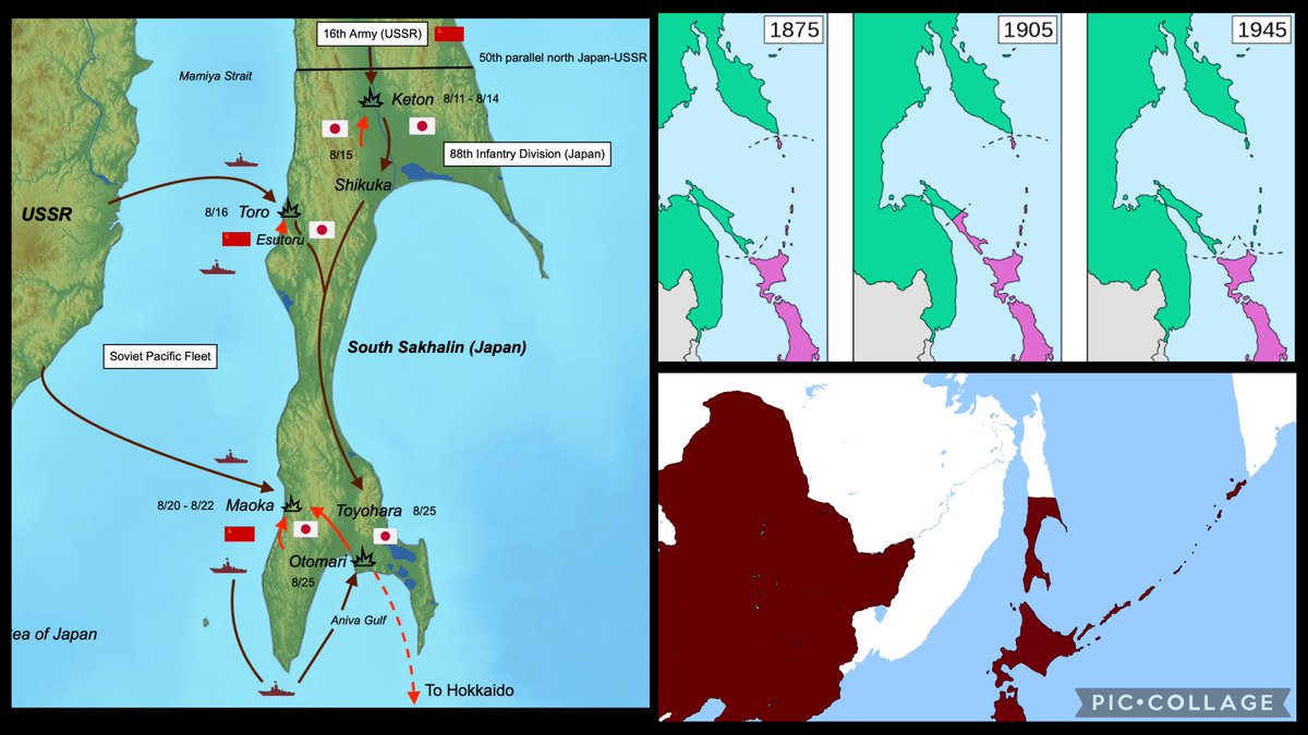 The highlighted island is Sakhalin. After the 1905 Russo-Japanese War, it was split at the 50th parallel between them. In 1945 at the end of WWII, the Soviets invaded and annexed Japan's southern half. The Soviets then expelled most of the Japanese and Koreans living there.