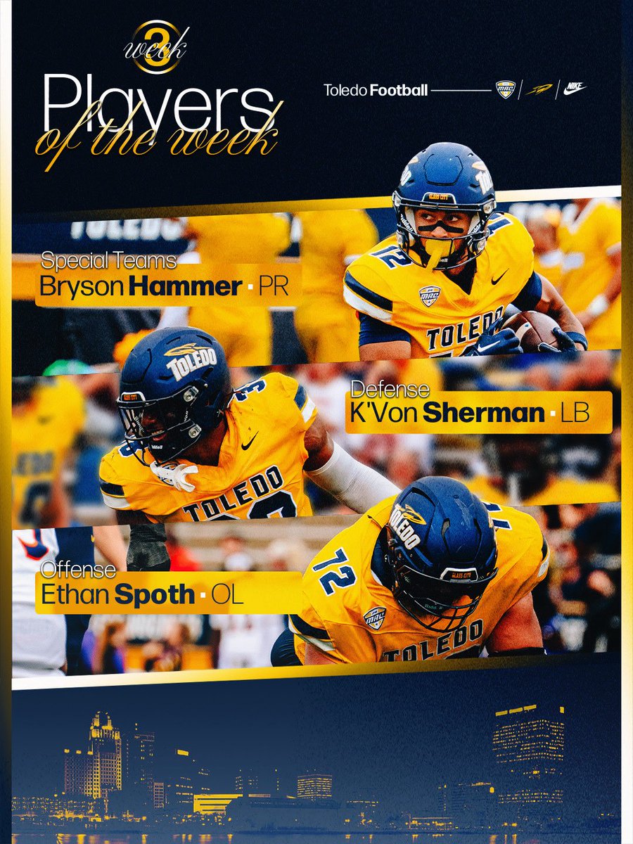 Toledo Football (@toledofb) on Twitter photo Game 3 Players of the WeekβΌοΈ
ST - <a href="/BrysonHammer4/">Bryson Hammer</a>
DEF - <a href="/showtimesherm/">KβvonβShowtimeβSherman</a>
OFF - <a href="/Ethan_Spoth/">ethanπ</a>
#TeamToledo Game 3 Players of the WeekβΌοΈ
ST - <a href="/BrysonHammer4/">Bryson Hammer</a>
DEF - <a href="/showtimesherm/">KβvonβShowtimeβSherman</a>
OFF - <a href="/Ethan_Spoth/">ethanπ</a>
#TeamToledo