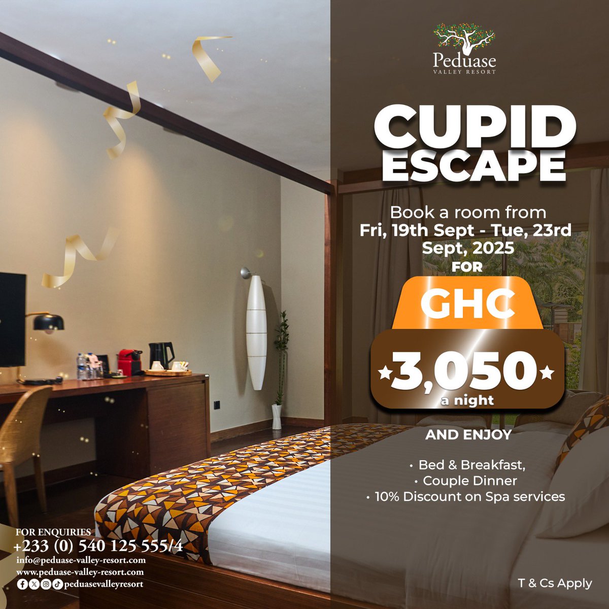 PeduaseValley's tweet image. Get Bed, Breakfast, Couple dinner &amp;amp; 10% discount on Spa services for just GHC 3050! Book Now and enjoy access to Swimming pool &amp;amp; pet zoo. Limited rooms available | Offer Valid from 19th September to 23rd September 2025 Only.