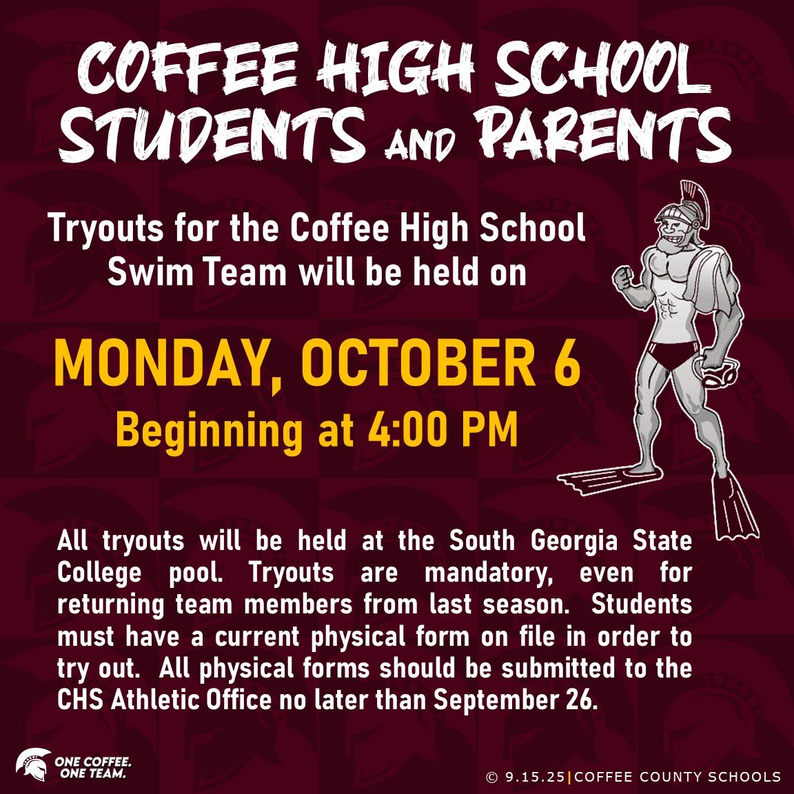 CHS Swim Tryouts are October 6 at 4 PM at SGSC 
Tryouts are mandatory, even for returning team members. Students must have a current physical form on file in order to try out. All physical forms should be submitted to the CHS Athletic Office no later than September 26.
