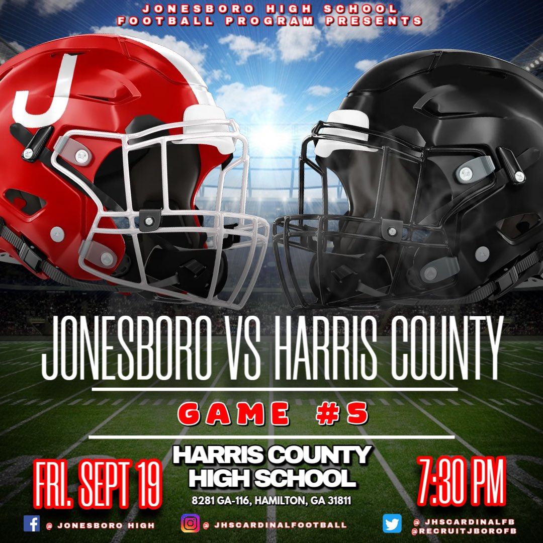 GAME #5 🏈  Jonesboro vs Harris County

📆 Friday, September 19, 2025
📍 Harris County High School
⏰ 7:30pm
🎟 gofan.co/event/3901562?…
🎥 LINK COMING SOON

#CardinalNation #JonesboroU🧬