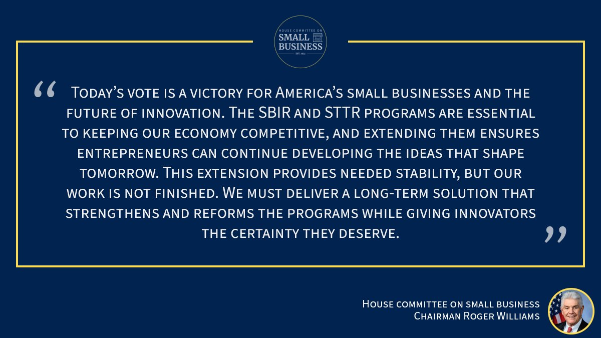 Today, <a href="/HouseGOP/">House Republicans</a> passed a bill to extend the SBIR and STTR programs—vital tools that help small businesses turn big ideas into technological breakthroughs.   

<a href="/HouseSmallBiz/">House Committee on Small Business</a> is delivering on our mission to strengthen Main Street and keep America competitive.