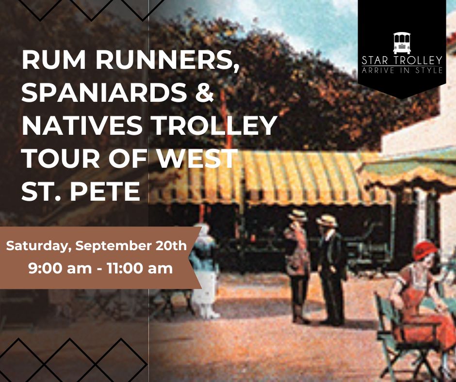 📷📷 Hop on board Saturday, September 20th for a historic trolley adventure through West St. Petersburg!  

The Rum Runners, Spaniards &amp; Natives tour rolls into the vibrant Jungle Prada neighborhood, where history meets excitement. 

lp.constantcontactpages.com/ev/reg/zhe4phu