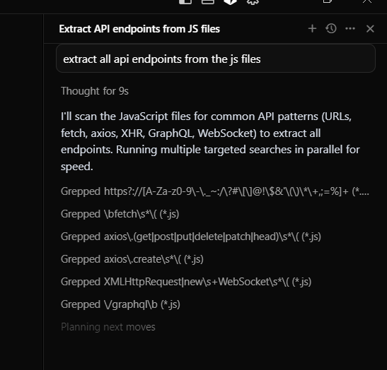 tip: download all the js files of the target you're hunting on -&gt; upload to cursor and ask it to extract the endpoints 

i still recommend manual js files examination, however, this might help some people out there