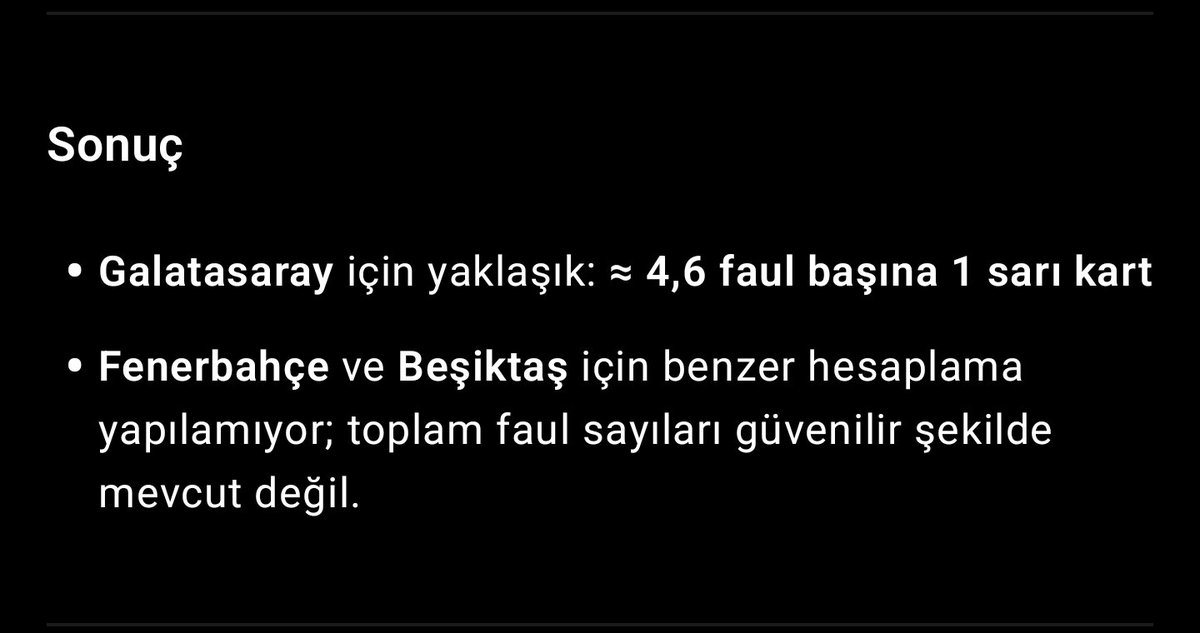 fatih_derki's tweet photo. @Slavia1903 @TFF_Org 24-25 sezonu icin Ayni hesabi chatgpt ye yaptırabilirsiniz 4.6 faul başına 1 sari kart görmüş Galatasaray. Bu veriyi bjk ye yazmışlar bide https://t.co/00LUOsK5LE