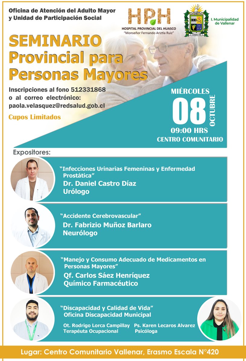 El próximo 8 de octubre se realizará e Seminario Provincial para Personas Mayores en Vallenar. Cupos Limitados. Inscripciones al fono 512-331868