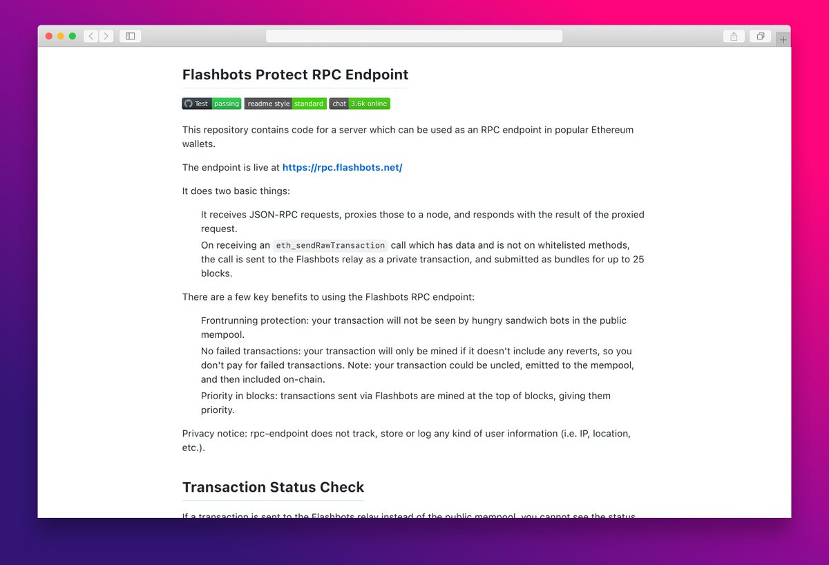 essamamdani's tweet image. Flashbots Protect RPC Endpoint enhances Ethereum wallet privacy and security by preventing frontrunning and failed transactions. #Ethereum #Flashbots #RPC #Web3