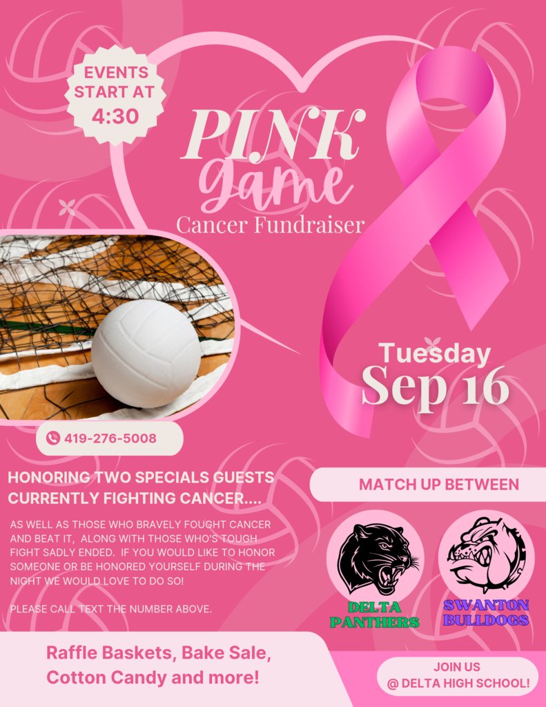 Join us Tuesday, September 16 at Delta High School as the Delta Panthers take on the Swanton Bulldogs in a night dedicated to HOPE and FIGHTING CANCER. 
Let’s pack the gym in PINK and show our support! 🏐💕
#OneROAR
