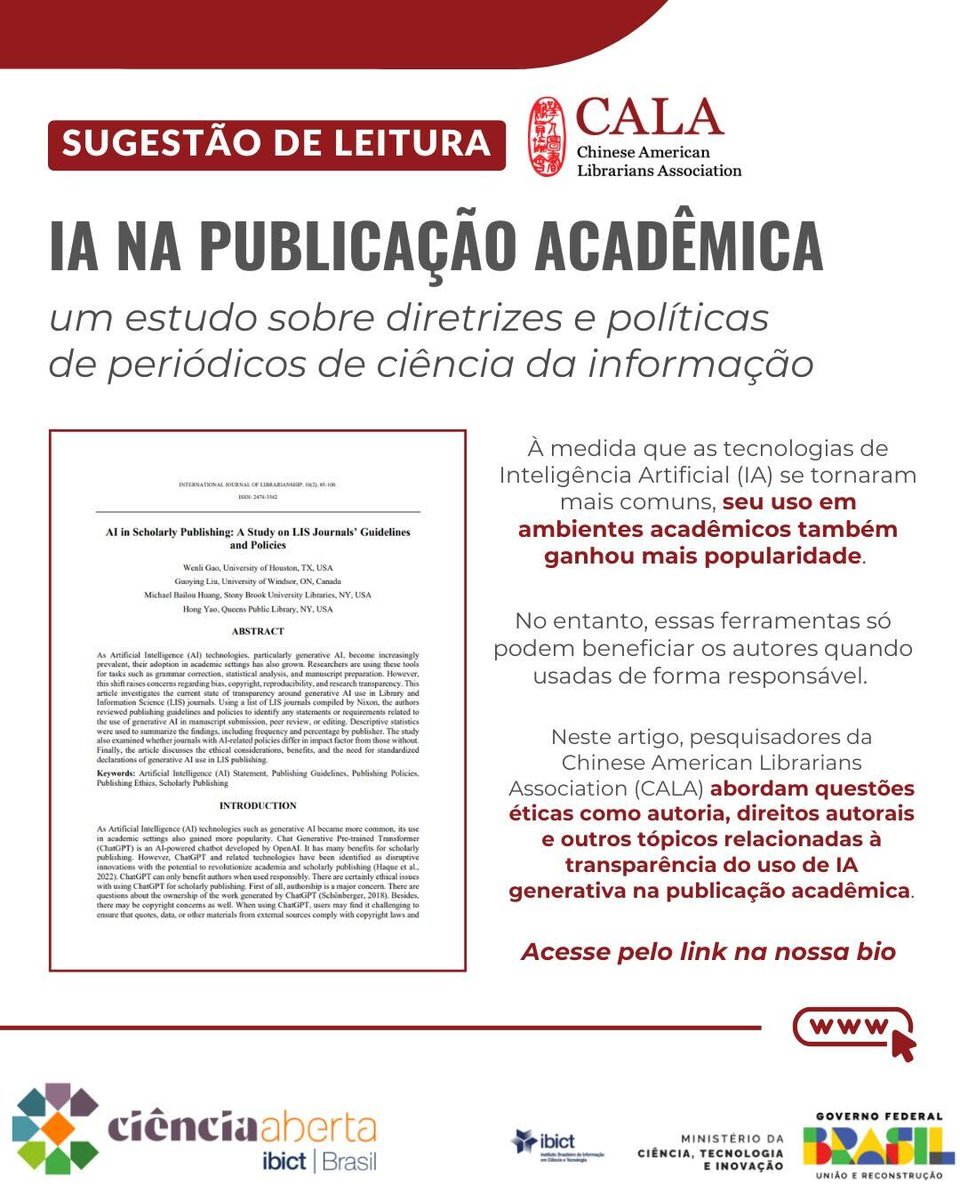 Um artigo publicado no International Journal of Librarianship (IJol) faz um estudo sobre o uso de Inteligência Artificial (IA) generativa na publicação acadêmica.

Acesse o texto completo pelo link: journal.calaijol.org/index.php/ijol…