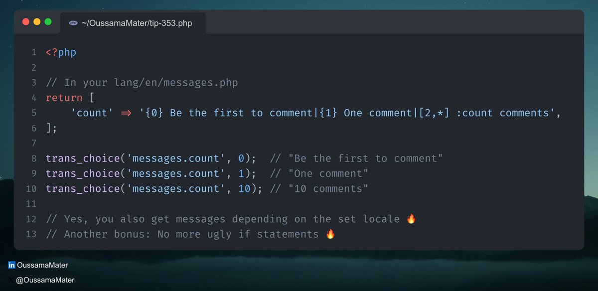 OussamaMater's tweet image. Laravel Tip 💡: Handle Pluralization Elegantly

Did you know that besides localization, Laravel also handles pluralization out of the box? When you have messages in different plural forms, you can define them all at once and use ranges to choose the right format 🚀

#laravel