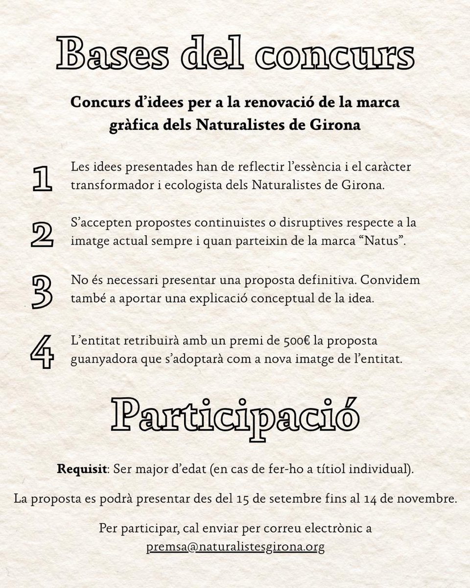 Nou concurs de logotip i imatge per celebrar els 45 anys de l'entitat.

🎨 Logo + paleta + tipografies
👥 Majors d’edat (obert a tothom)
💶 Premi: 500 €
📅 15/09 – 14/11/2025
📧 premsa@naturalistesgirona.org
🔗 Bases: naturalistesgirona.org/ca/noticies/co…

Anima’t, participa i comparteix! 💚