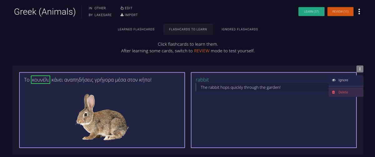 memcodeapp's tweet image. The /learn page design is fully revamped.
The options are now in the 3-dot menu. Besides, now you can delete the flashcard directly using that menu.