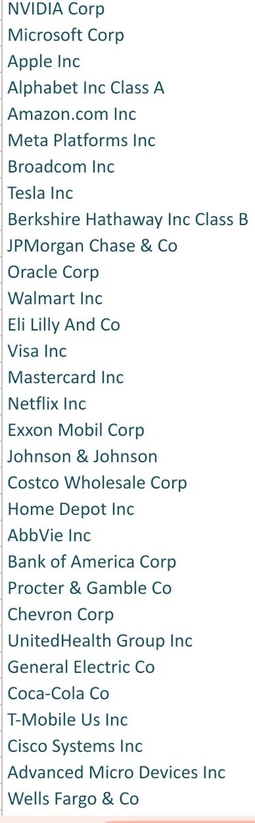 Compañías mas valiosas del S&amp;P 500

🔹 NVDIA $NVDA 4,3T
🔹 Microsoft $MSFT 3,8T
🔹 Apple $AAPL 3,5T
🔹 Google $GOOGL 3,0T
🔹 Amazon $AMZN 2,4T
🔹 Meta $META 1,9T
🔹 Broadcom $AVGO 1,7T
🔹 Tesla $TSLA 1,4T
....