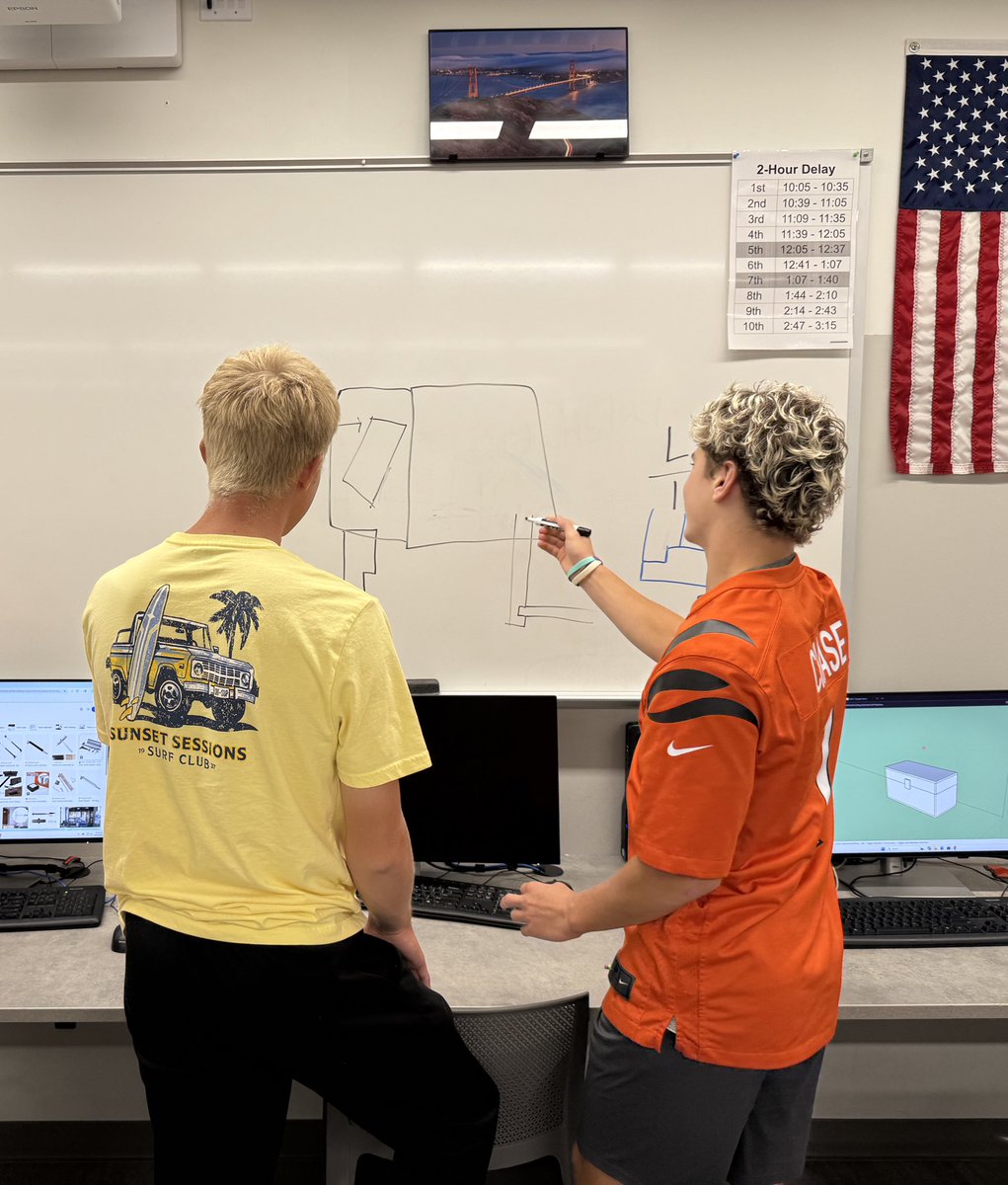 MinsterTech's tweet image. Any class that spontaneously breaks into a whiteboard design huddle is a good one.  
Custom Design class answers the tough questions- like how to make a Minecraft chest latching mechanism.  @MinsterSchools