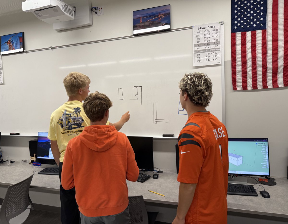 MinsterTech's tweet image. Any class that spontaneously breaks into a whiteboard design huddle is a good one.  
Custom Design class answers the tough questions- like how to make a Minecraft chest latching mechanism.  @MinsterSchools