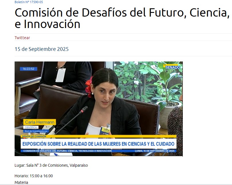 ✨Hoy RedI en la Comisión Desafíos del Futuro, Ciencia, Tecnología e Innovación <a href="/Senado_Chile/">Senado Chile</a>. 
Presidenta Ximena Baez <a href="/anigxi/">Ximena Beatriz Báez</a> y socia <a href="/CarlaHermann/">Carla Hermann A</a> presentaron de:
* La situación de las mujeres en ciencia
* El rol fundamental de los cuidados en la estructura social y científica